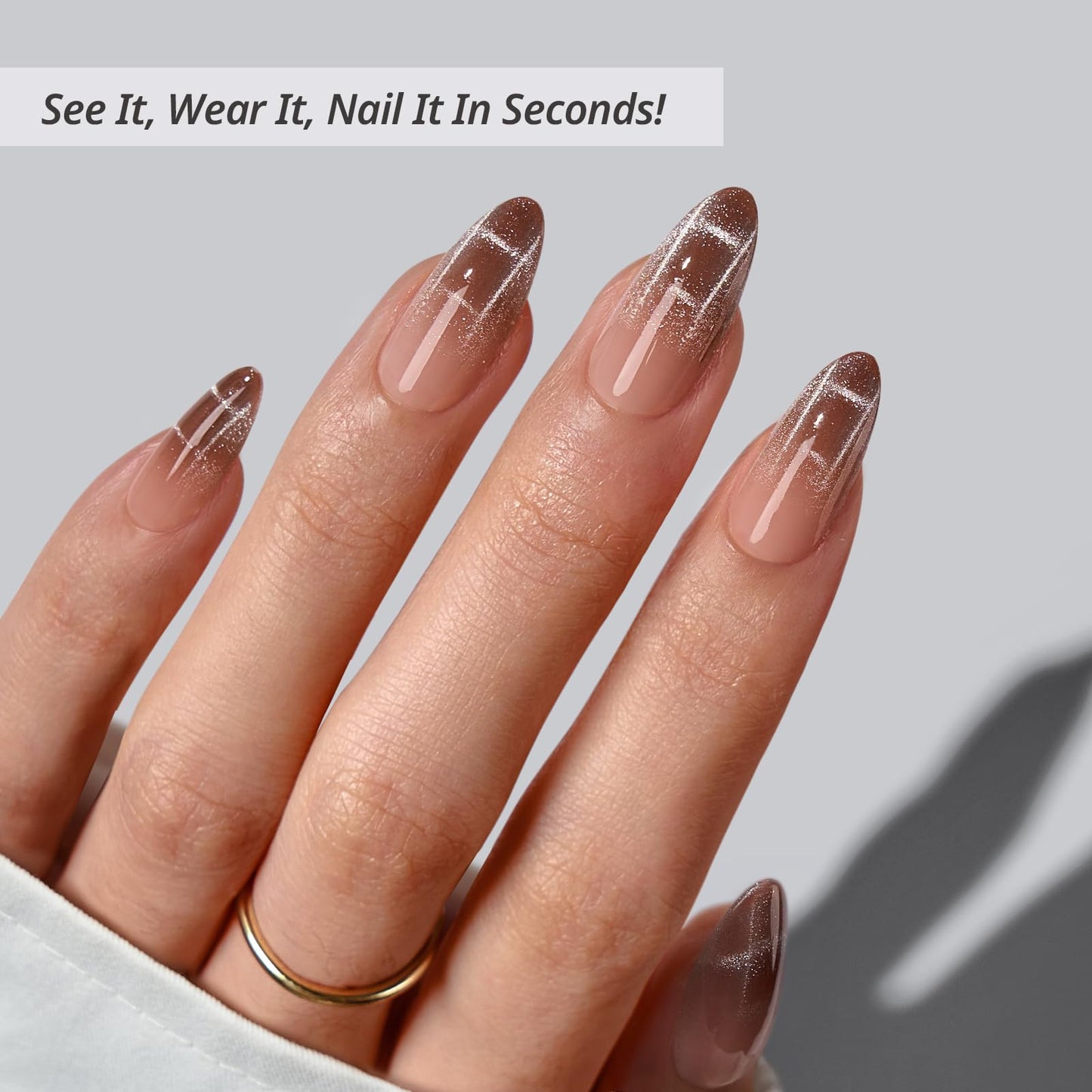 BTArtbox Press On Nails Medium - Plaid Memory, Cat Eye Almond Press On Nails with Glue and Adhesive Tabs for Women, Soft Gel Glue On Nails in 15 Sizes - 30 Stick On Nails Kit