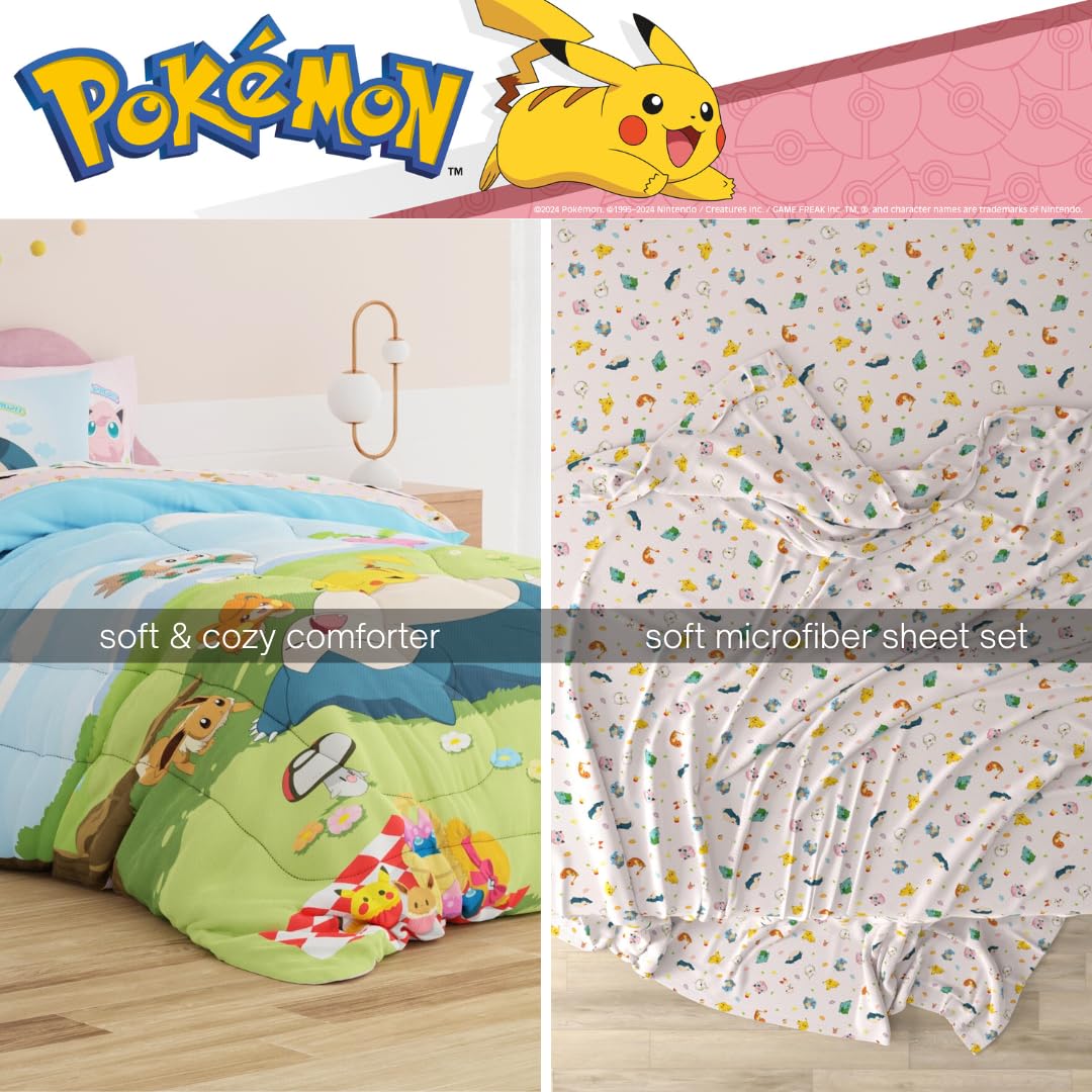 Pokemon Bedding Super Soft Comforter and Sheet Set with Sham, 4 Piece Twin Size, Featuring Snorlax, Pikachu, Eevee & Jigglypuff (Officially Licensed Product) by Franco