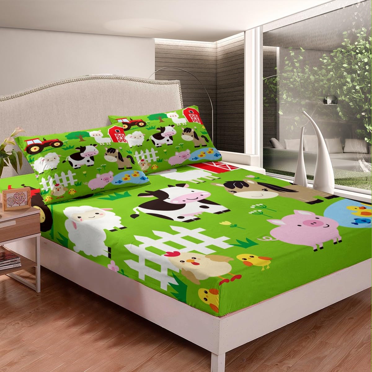 Manfei Farm Animals Kids Fitted Sheet Twin Size, Cow Horse Pig Hen Chicken Sheep Bedding Set 2pcs for Boys Girls, Cartoon Animal Bed Cover with 1 Pillowcase, Soft Polyester Bedding, No Top Sheet