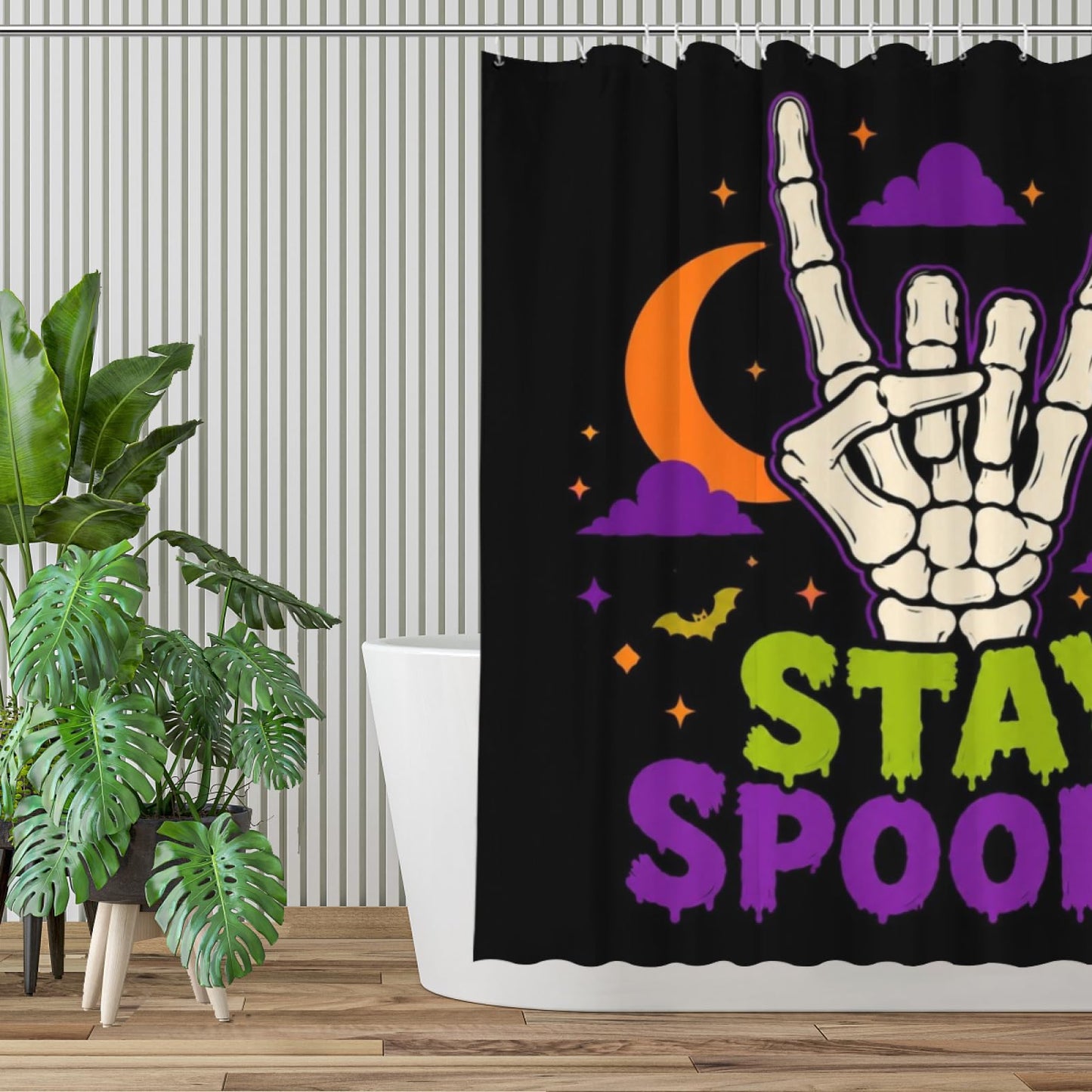 REZHOCH Skeleton Hand Shower Curtain 72x72 Inch,Stay Spooky Bone Hand Moon Bat Gothic Halloween Cartoon Art Bathroom Decor,Creepy Funny Bath Set with Hooks