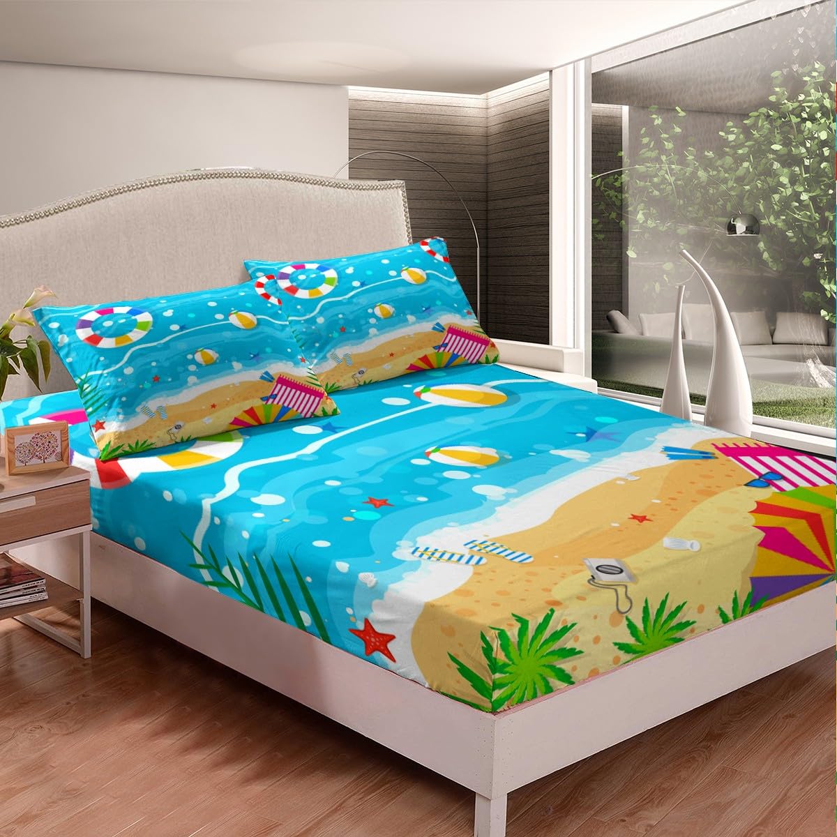 Feelyou Ocean Bed Sheet Set Twin Size Beach Coastal Shoes Fitted Sheet for Kids Boys Girls Room Decor Hawaiian Beach Bedding Set Summer Holiday Vacation Bed Cover Deep Pocket Bed Set