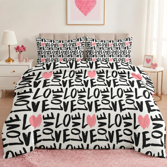 Pamnest Comforter Set Queen Size, Heart Cool Black Soft 3 Pcs Bedding for Kids and Adults, Pink Love Comforter Set with Pillowcase, for Bedroom Bed Decor