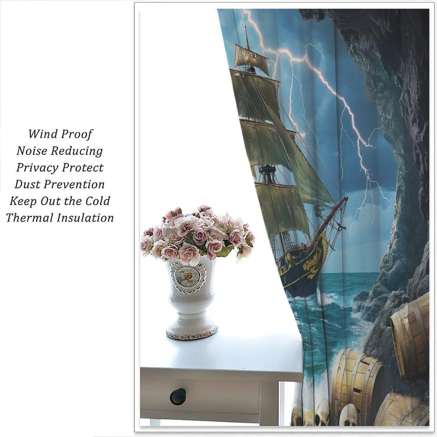 wlsgdsg Pirate Ship Curtains for Boys Retro Medieval Nautical Era Pirate Ship Treasure Gold Coin Pattern Window Treatments for Kids Teen Bedroom Living Room 42x44.5In（No Blackout）