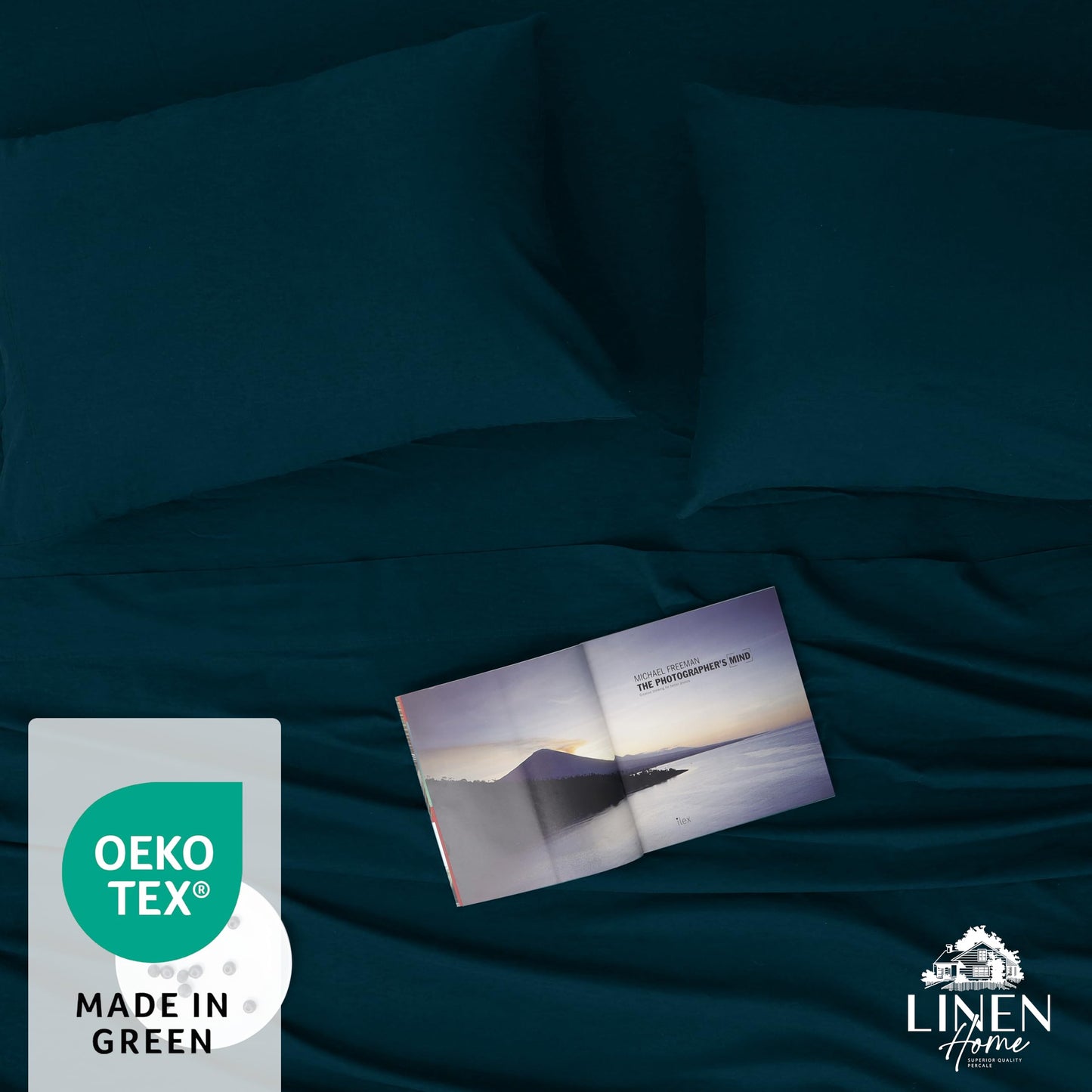 Linen Home Washed Cotton Percale Fitted Sheet Queen Size, Navy Blue, 1 Deep Pocket Fitted Sheet, Soft and Cool Strong Bed Linen, 60"X80"+14"