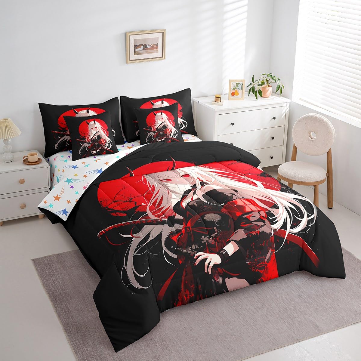 Erosebridal Twin Japanese Anime 7 Piece Comforter Set for Kids, Anime Girl Bed in A Bag Kawaii Japanese Style Bedding Set Cartoon Japan Animation Bed Set for Boys Teen Adult Women Bedroom