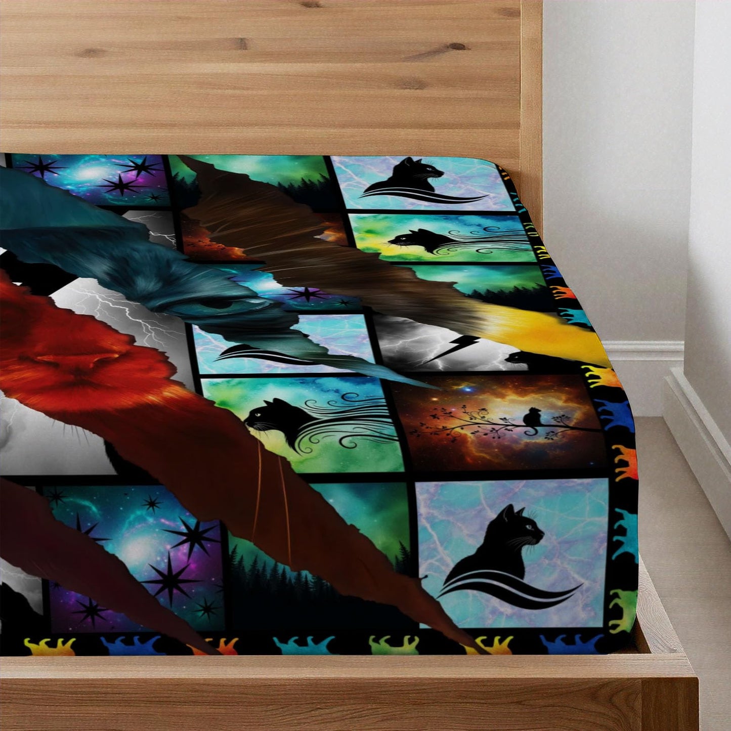 Allenjoy Forest Courage Mystery Cats Sheets Set with Fitted Sheet, Flat Sheet and 2 Pillowcases for Boys Men Teens Son Fans Bedding Bedroom Decor, Full Size