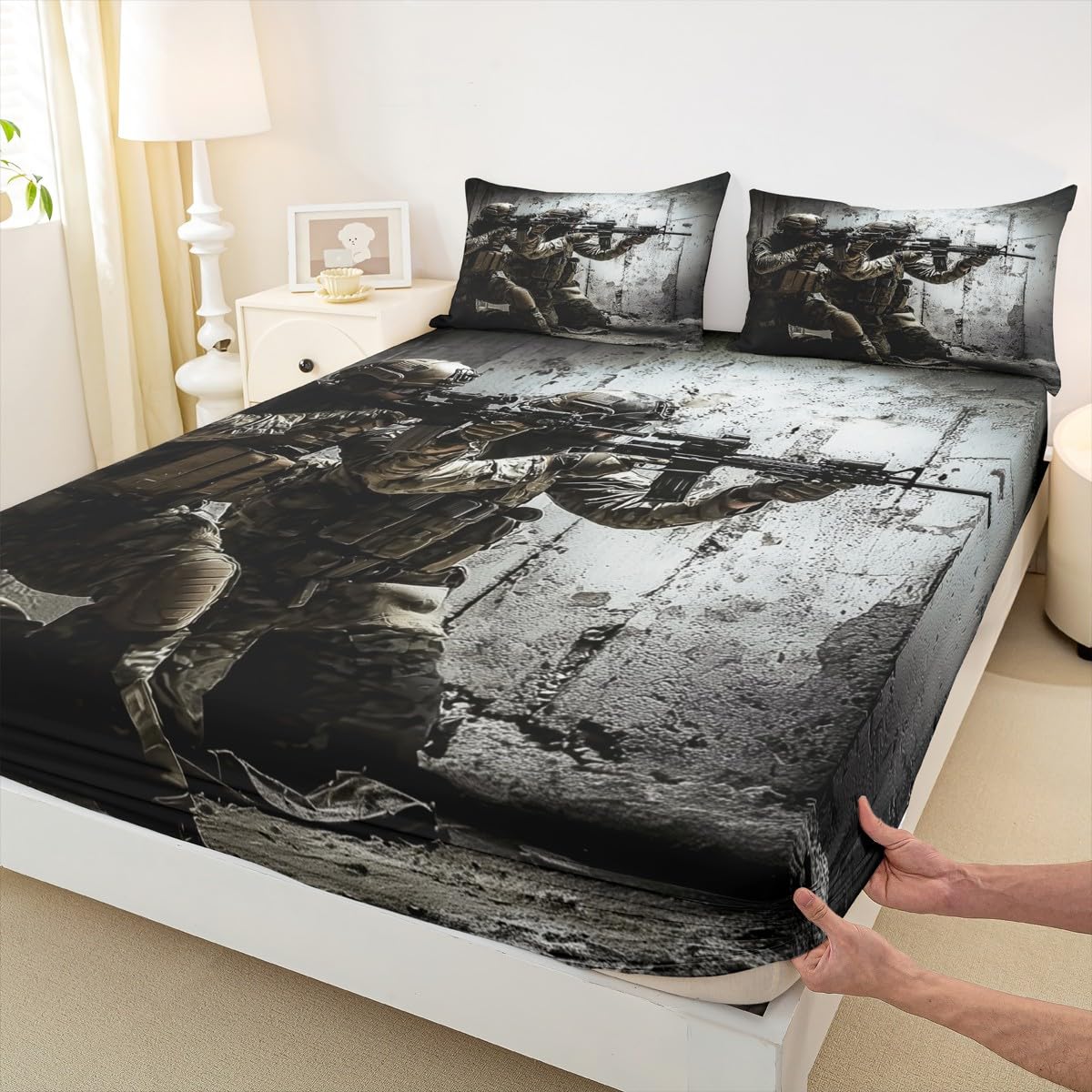 American Soldier Fitted Sheet, Boys Teens Under Mission Sheet Set, Rifle Machine Gun Bedding Set, Army Military Camo Fitted Bed Sheets Twin Camouflage Bedroom Decor for Youth Man No Top Flat Sheet