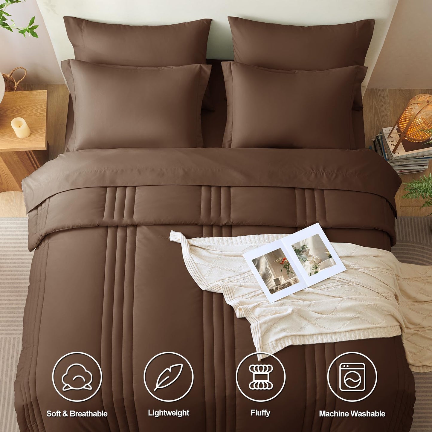 CozyLux Full Size Comforter Sets Brown - 7 Pieces Bed in a Bag, Modern Vertical Quilted Room Decor, Soft All-Season Bedding Gift with Comforter, Sheets, Pillowcases & Shams