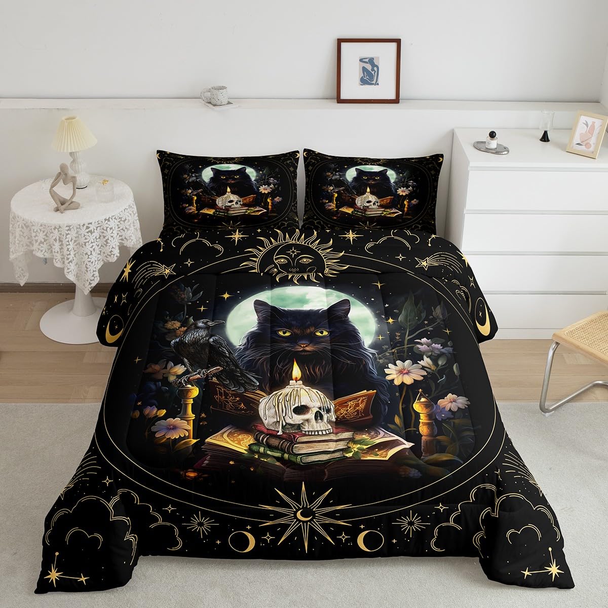 Trippy Cat Comforter Set Queen Size,Sun and Moon Kids Bedding Set Gothic Sugar Skull Crow Print Quilt Set for Girls Boys Adult Room Decor,Exotic Daisy Floral Duvet Insert,2 Pillowcases,Black
