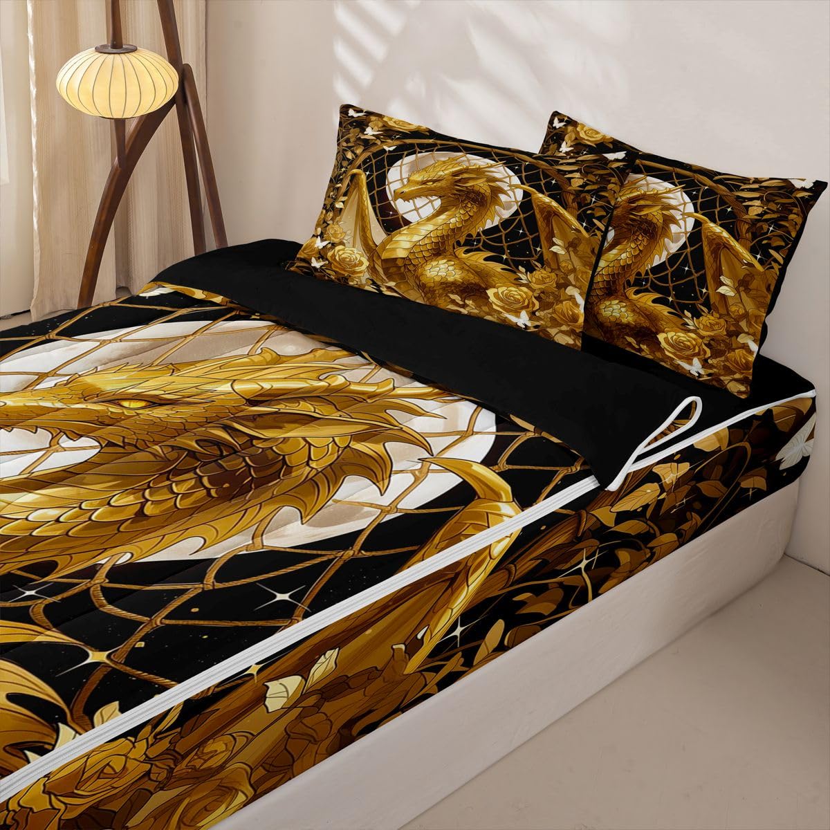 jejeloiu Flying Dragon Zipper Bedding for Kids Twin Size Gold Rose Floral Bed in a Bag with Sheets, Comforter, Pillowcases Fantasy Animal Comforter Set for Boys Girls Ancient Wildlife Beddingh Sets