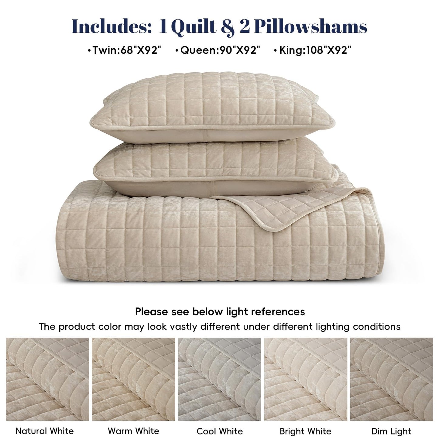 PHF Luxurious Velvet Quilt Set Queen Size – 3PCS Super Soft Quilted Comforter Alternative with Square-Box Quilt Pattern, Warm Quilted Bedspread Coverlet, 90" x 92", Oxford Tan