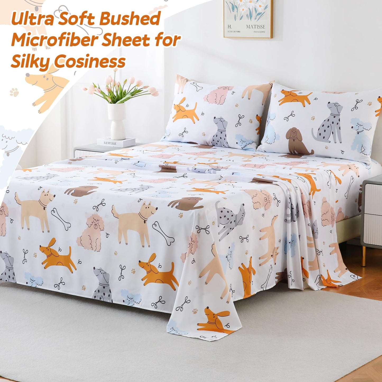 ChicView Queen Sheet Set Kids,4 Pieces Breathable Soft Microfiber Bedsheets for Child Boys Girls, Anti Pilling Deep Pockets Easy Care Bed Sheets, Puppy