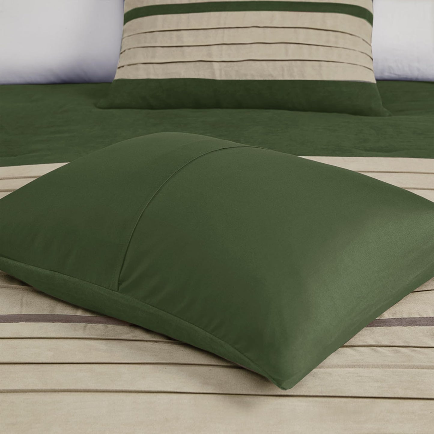 Madison Park Palmer Comforter Set-Luxury Faux Suede Design, Striped Accent, All Season Down Alternative Bedding, Matching Shams, Decorative Pillow, Bed Skirt, King (104 in x 92 in), Green 7 Piece
