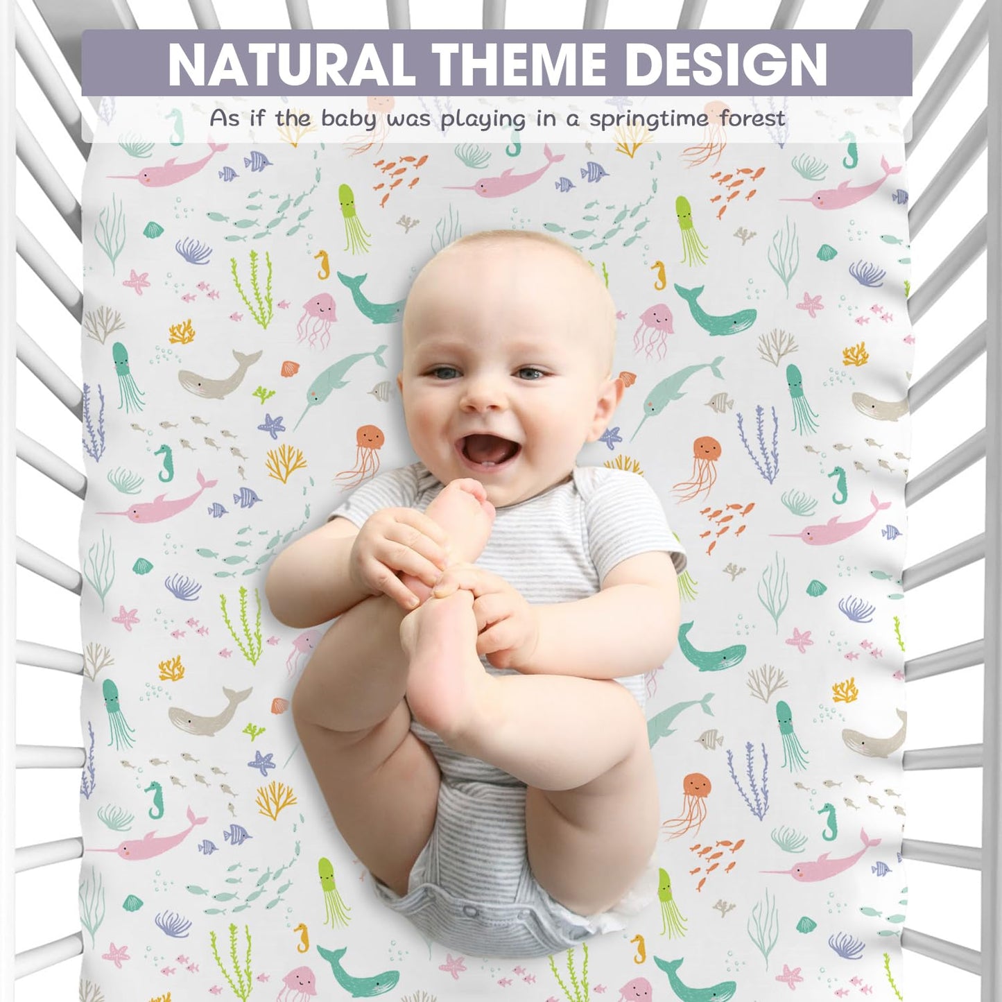 Bimocosy Crib Sheets 4 Pack, Baby Crib Sheets Fitted for Boys and Girls Breathable & Snug Fit, Soft Toddler Bed Sheets for Standard Crib Mattress Nursery Daycare Essentials, Ocean World