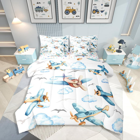 Erosebridal Boys Cartoon Propeller Plane Twin 7 Pcs Bedding Set, Aircraft Airplane Comforter Set with Sheets, Blue Clouds Bed in A Bag for Kids Girls Adults Bedroom, Flying Birds Animals Bed Sets