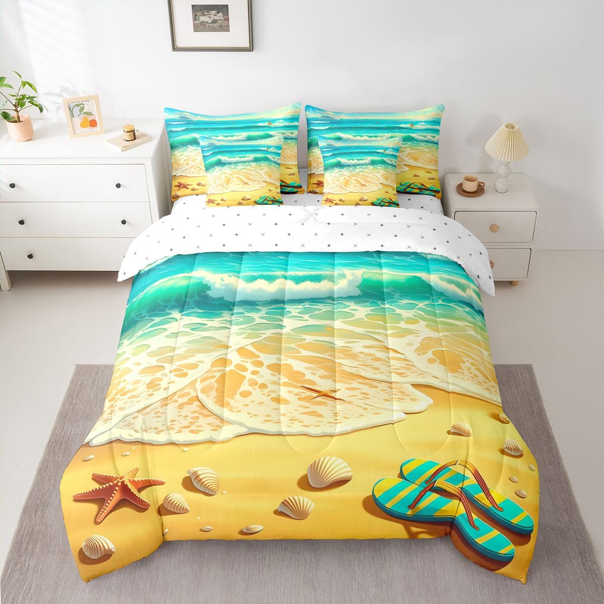 Erosebridal Tropical Beach Queen Bedding Set Cute Coastal Starfish Seashell Comforter Set Kids Adults Nautical Ocean Wave 7-Piece Bed in a Bag Turquoise Yellow Summer Vacation Art Quilt Sets