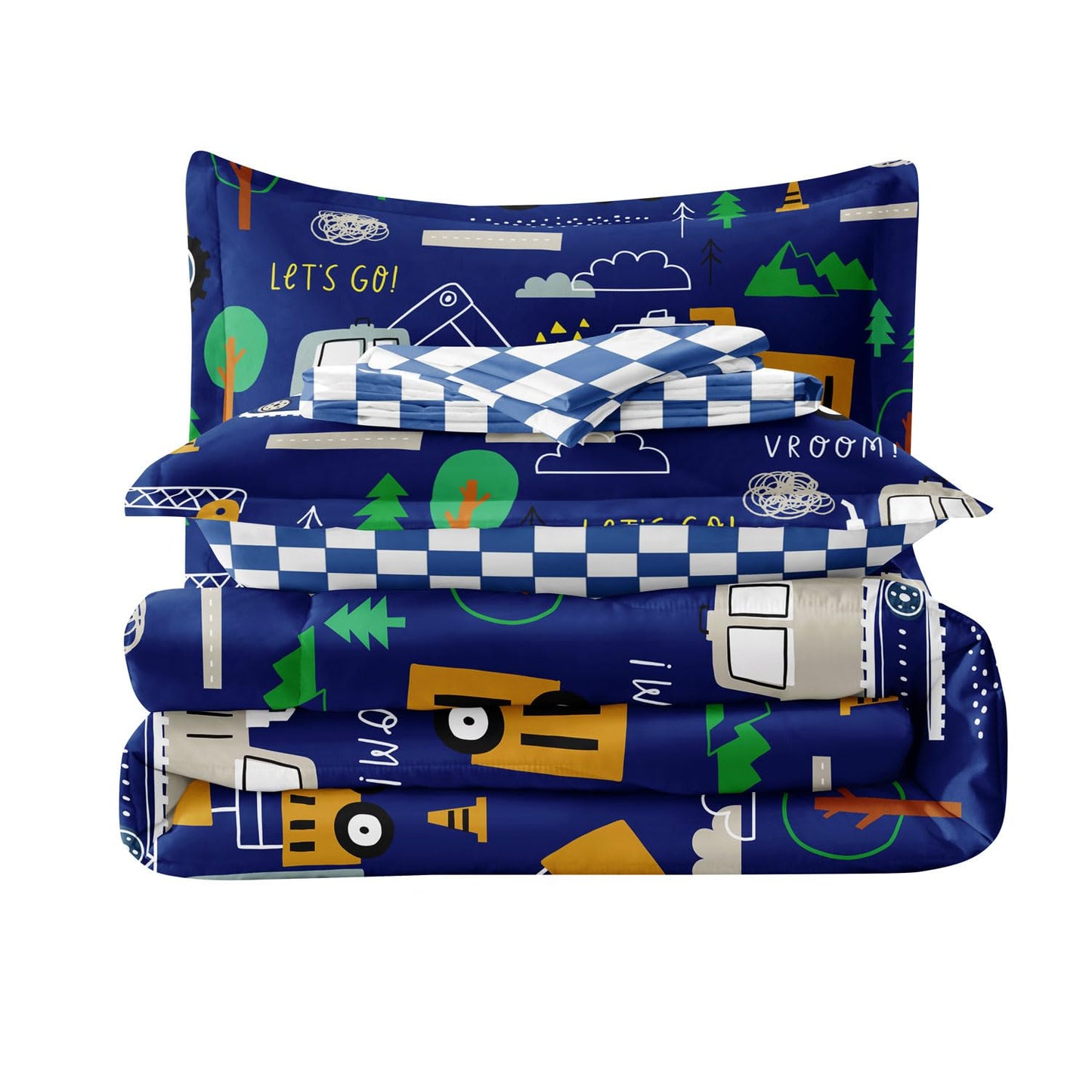 Leaflin Boys Bedding Set Twin Size, 5 Pcs Cartoon Truck Comforter, Blue