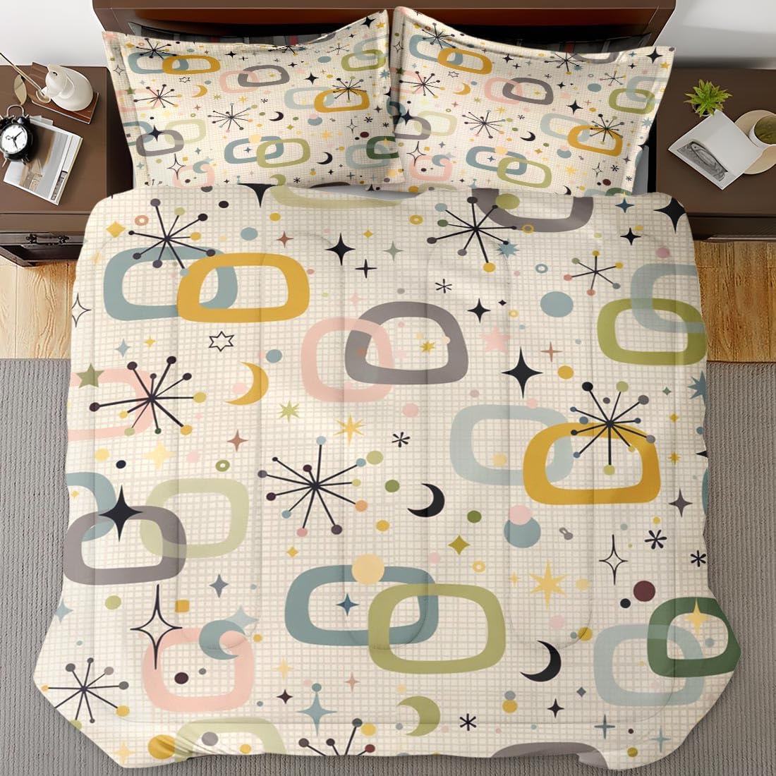 Nesphy Retro Mid Century King Comforter Set, Atomic Starburst Modern Bedding Set 3 Piece, All Season Soft Children Adults Bedroom Bed Decoration Comforter and 2 Pillow Shams
