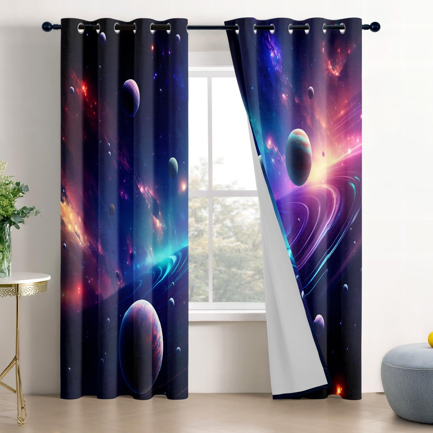 Galaxy Curtains Blackout, Planet Cosmic Space Celestial Patterned Curtains 63 Inch Length 2 Panels Set, Room Darkening Thermal Insulated Grommet Drapes for Bedroom Living Room