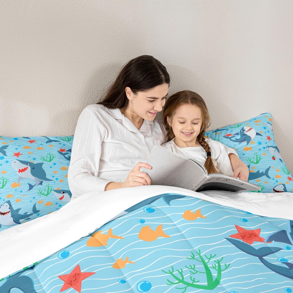 Cute Shark Comforter Set Twin Size,Fish Coral Bedding Set 2pcs for Kids Teens Boys Girls Room Decor,Mysterious Under Sea Animals Plants Themed Quilt Set Cartoon Blue Duvet Insert with 1 Pillowcase