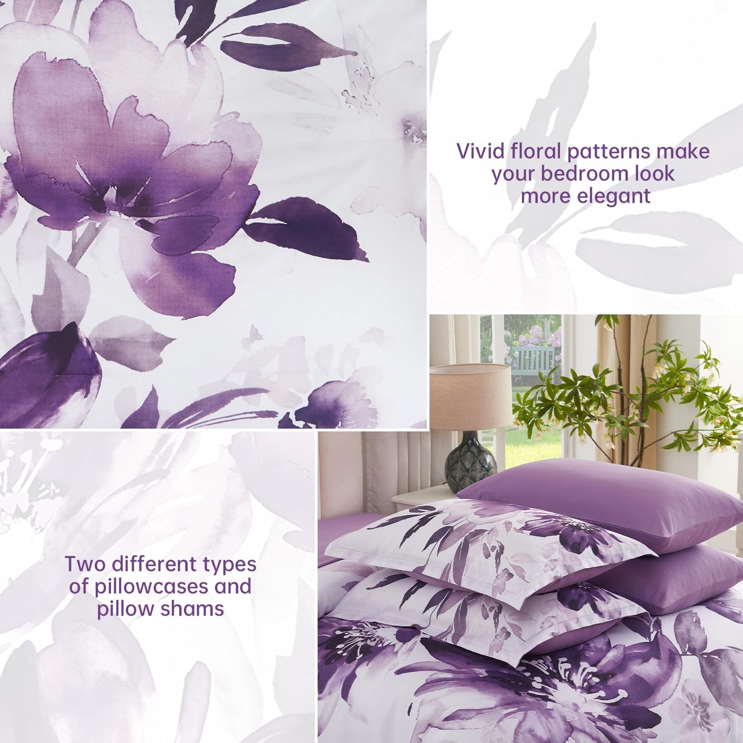 Luxudecor Floral Comforter Set Queen Size, 7 Piece Purple Flower Set Bed in a Bag,Soft Microfiber Farmhouse Shabby Chic Bedding Set for All Seasons(90"x90")