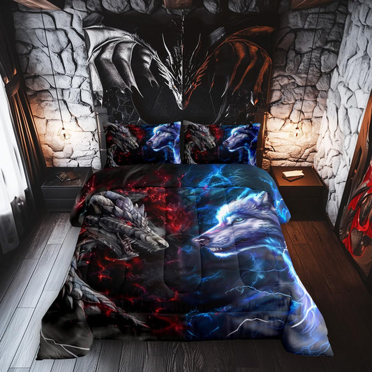 Manfei 3D Dragon Kids Comforter Set Twin Size,Western Dragon Wild Wolf Jungle Animal Hunting Bedding Set,Boys Men Room Decor,Red Blue Lightning Down Comforter,Blue Grey Duvet Insert,1 Pillowcase