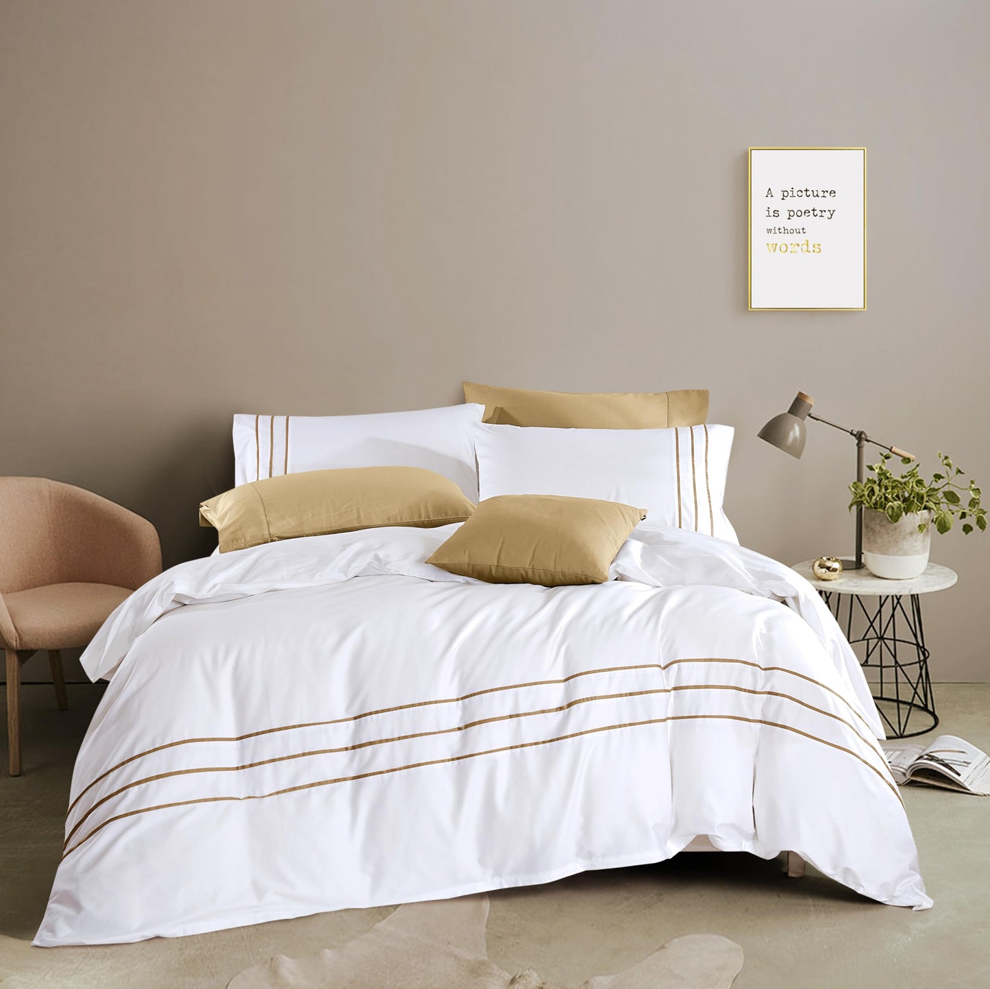 MengBoo Duvet Cover Set 3 pcs(1 Duvet Cover+2 Pillowcases) 100% Cotton Sateen Woven Hidden Zipper Closure (White Beige, Queen)