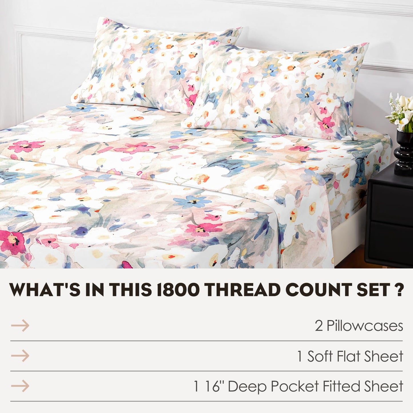 HCORA Floral Queen Sheet Set, Luxury 1800TC Hotel Quality Double Brushed Microfiber Deep Pocket Bed Sheets, Ultra Soft, Breathable and Cooling, 4PC, Queen Size