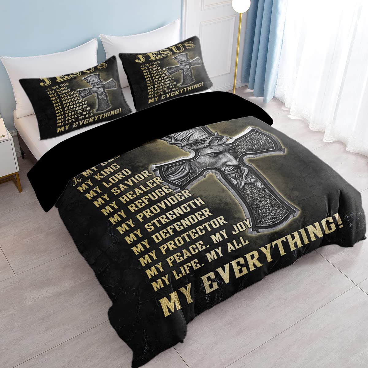 SOULZZZ Jesus Cross Print Comforter Cover Set Religious Christian God Cross Duvet Cover King, Western Culture Exotic Savior Bedding 1 Duvet Cover with 2 Pillowcases