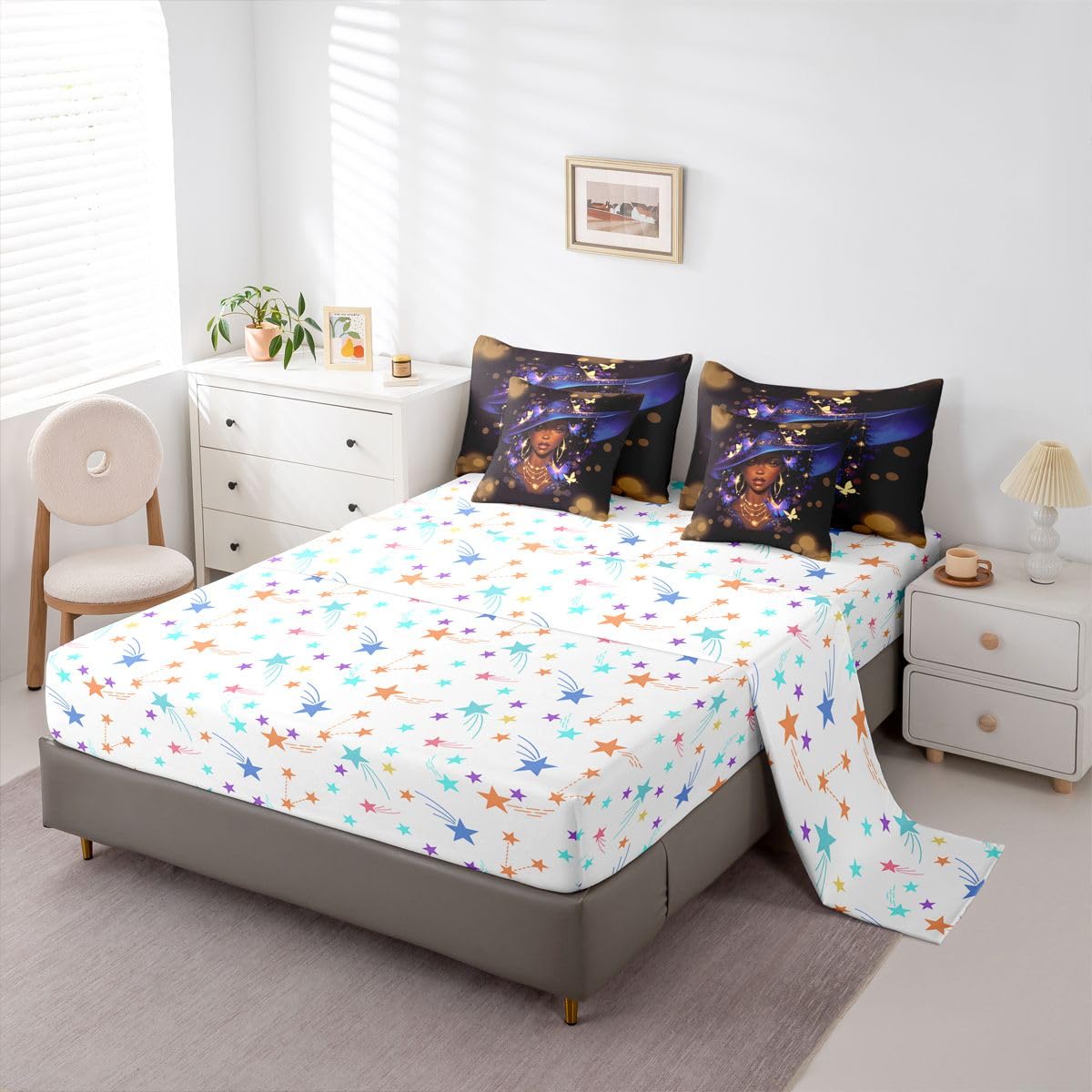 Erosebridal Black Girls Magic Queen Bedding Set Blue Witch Hat Comforter Set with Flat and Fitted Sheet Women Teen Vibrant Butterfly 7-Piece Bed in a Bag Stylish Luxury Gold Art Quilt Sets