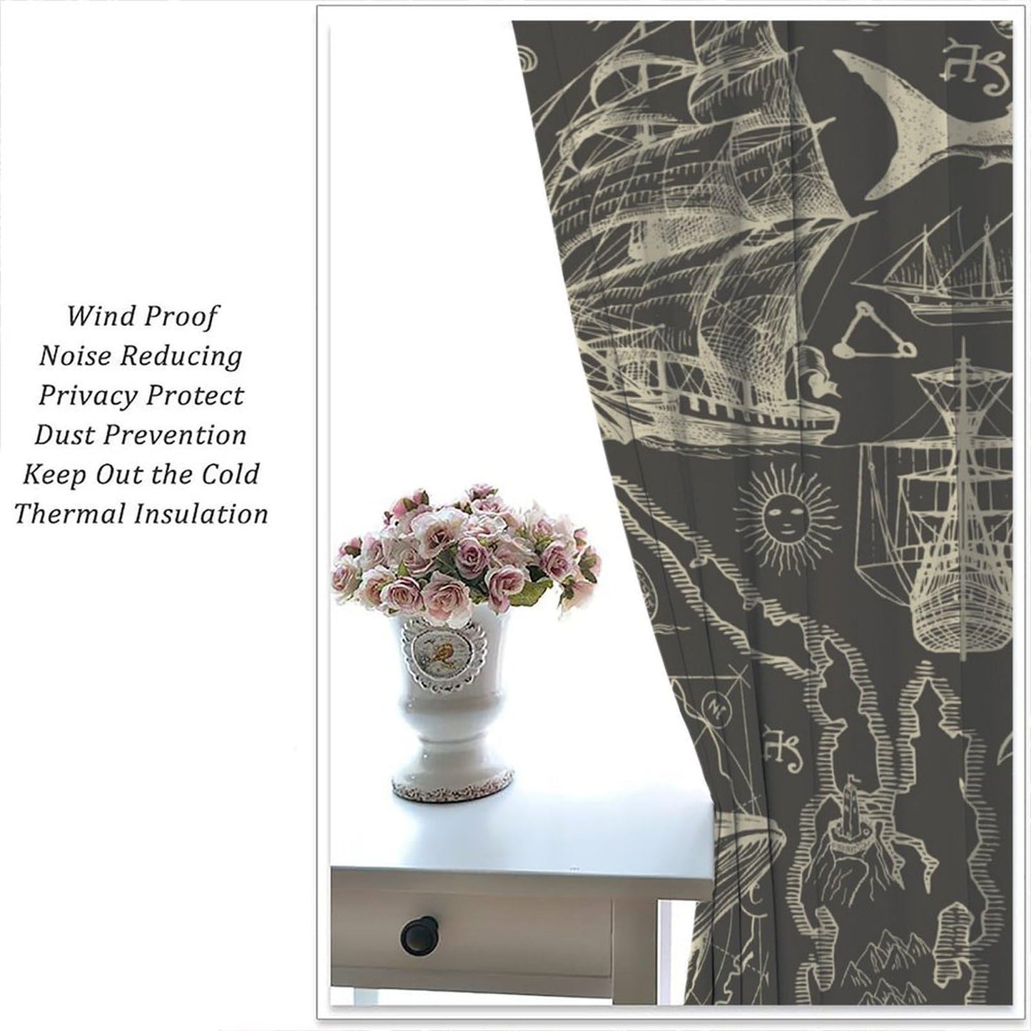 Retro Nautical Coastal Curtains Vintage Ocean Adventure Map Sail Whale Anchor Abstract Rod Pocket Window Treatments For Kids Boys Bedroom Living Room 2 Panels Set 41× 45 in (No Blackout)