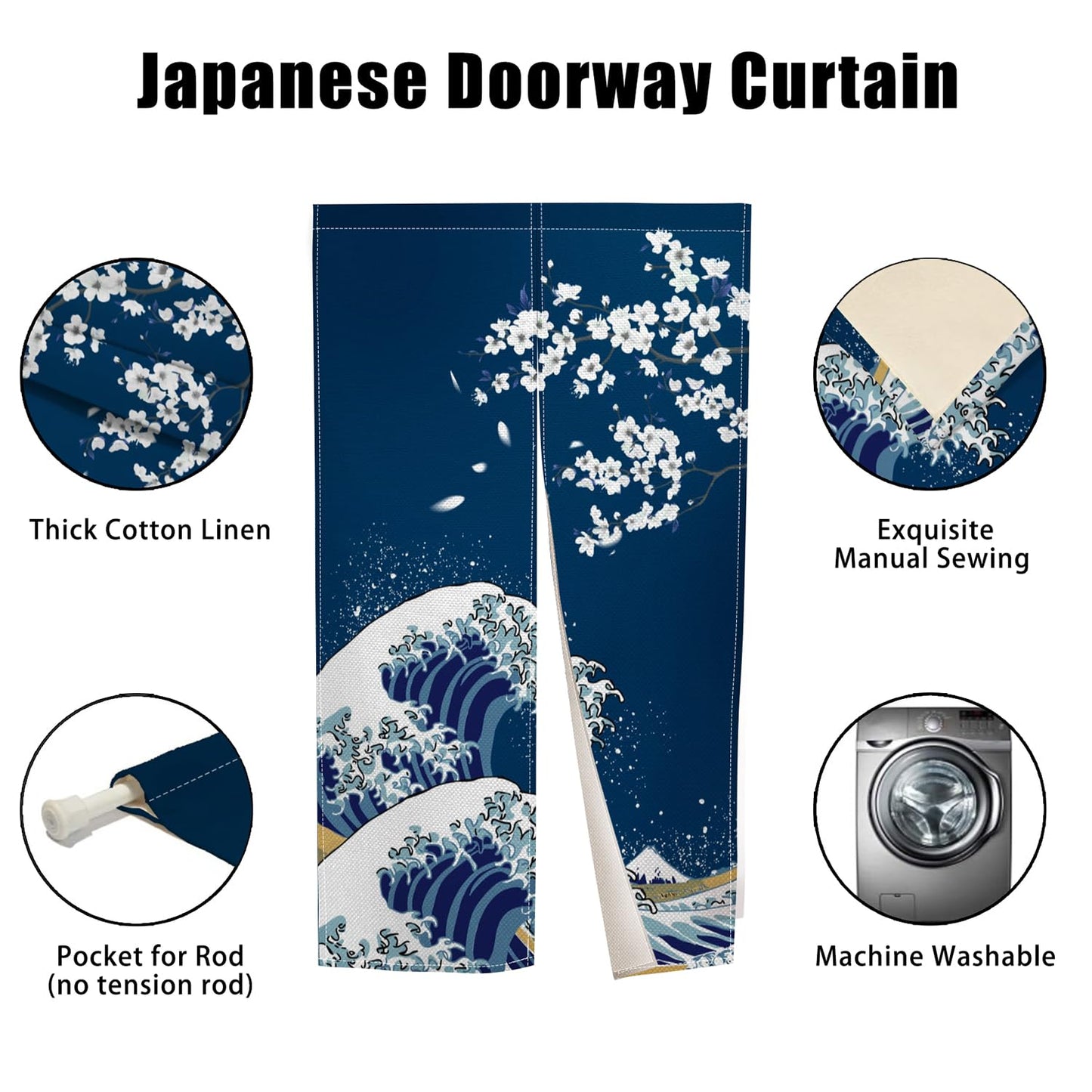 Leowefowa Japanese Noren Doorway Curtain Long Style Japanese Waves Cherry Blossom Printed Fengshui Window Treatment Door Curtain Tapestry for Room Privacy Divider Home Kitchen Decor, 33.5"x 70.9"