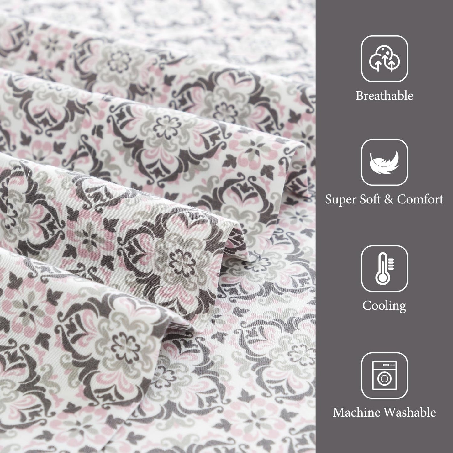 KaceMoo California King Sheet Set 4PC Printed Sheets Beige Floral Pattern Boho Sheets Cooling Deep Pocket Microfibe Bed Sheet, Luxury, Soft, Breathable, Hypoallergenic, Wrinkle Free for Kids Room Dorm