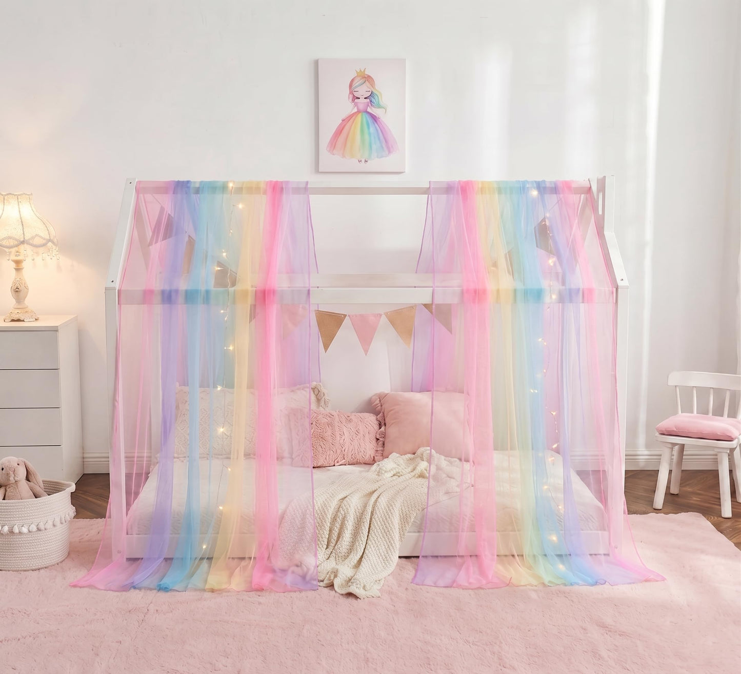 WANFASO Rainbow Bed Canopy for Girls, Sheer Twin Canopy Bed Curtains with Lights, Princess Canopy Scarf for Girls Bed Room Decor (2 Panel)