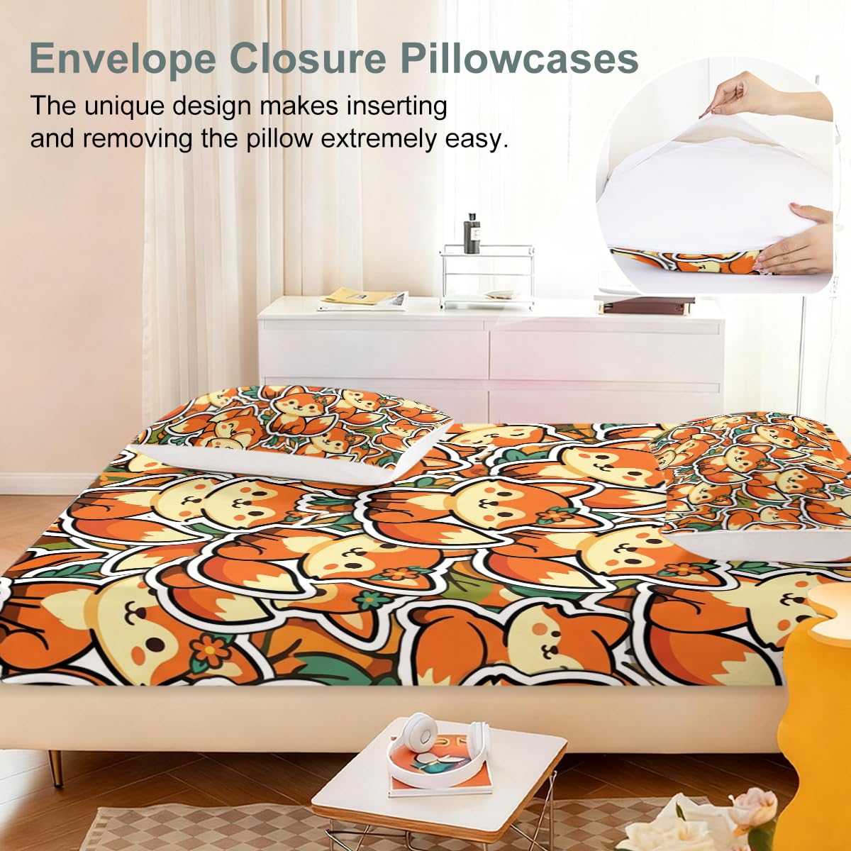 Cute Fox Fitted Sheet Set Twin Size, 3 Pieces Fall Cozy Woodland Animal Bedding for Bedroom Decor, Warm Orange Cartoon Fox Microfiber Deep Pocket Bed Sheets with 2 Pillowcases (No Flat Sheet)