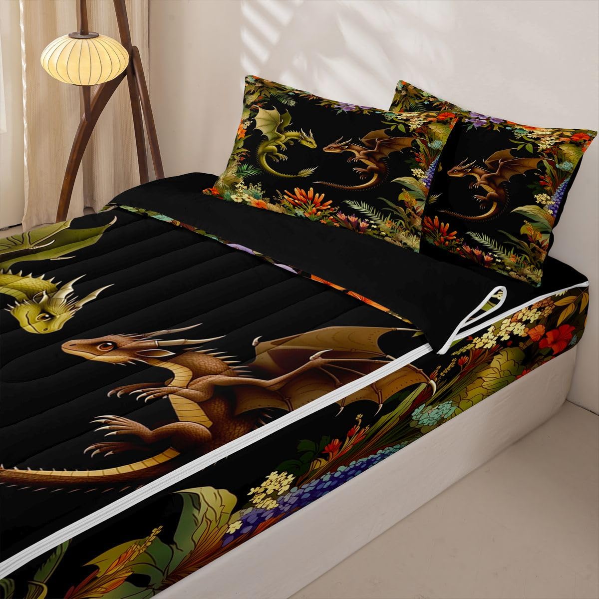 jejeloiu Flying Dragon Comforter Set Twin Zipper Bedding Set for Girls Boys Fantasy Animal Comforter with Fitted Sheet, Pillowcases Ancient Wildlife Zipper Bedding Breathable Spring Flowers Bed Set