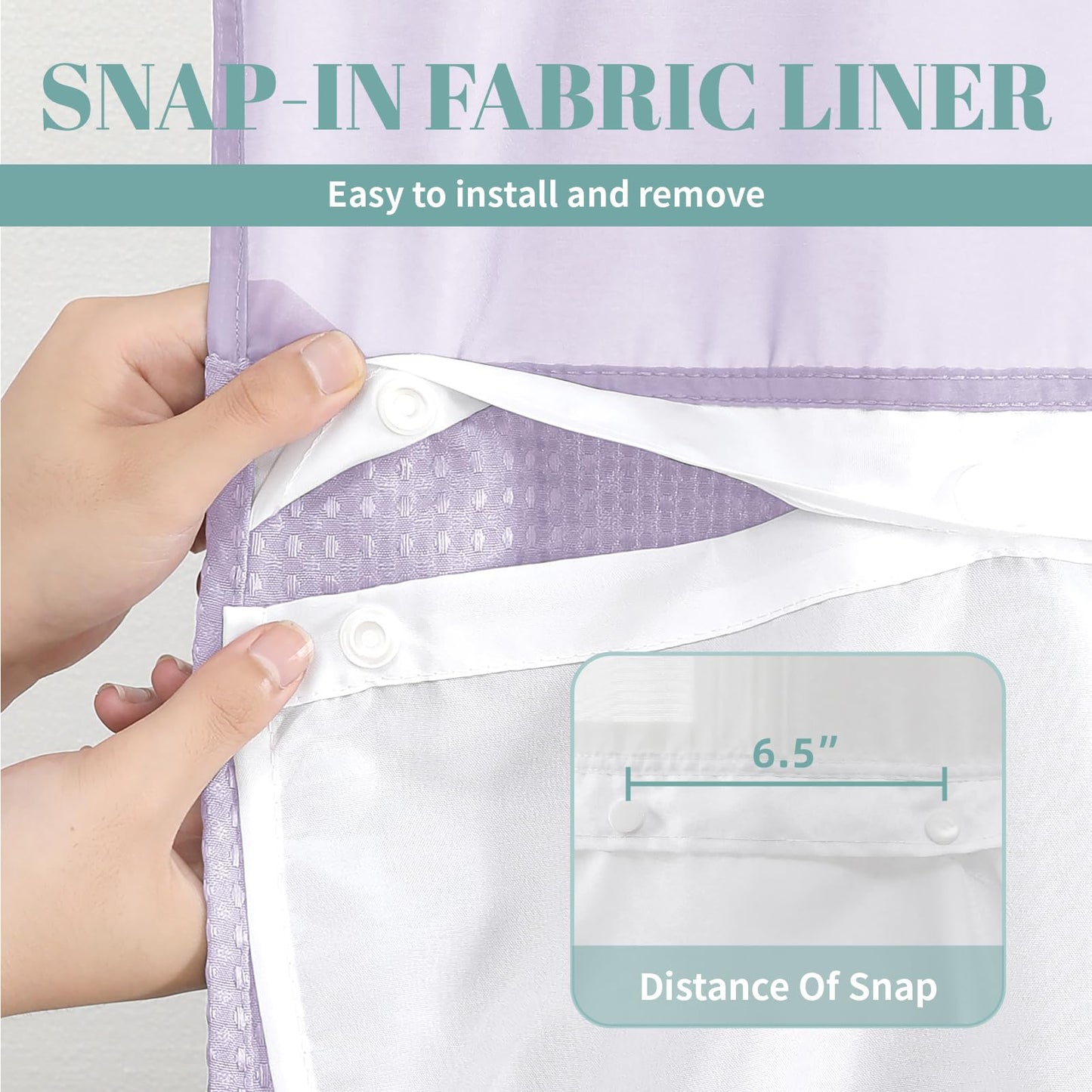 eachope Lavender No Hook Waffle Weave Shower Curtain with snap-in Liner Replacement, 230GSM Waterproof Fabric Hotel Shower Curtain Set for Bathroom, Through Mesh Top Window,71Wx74H