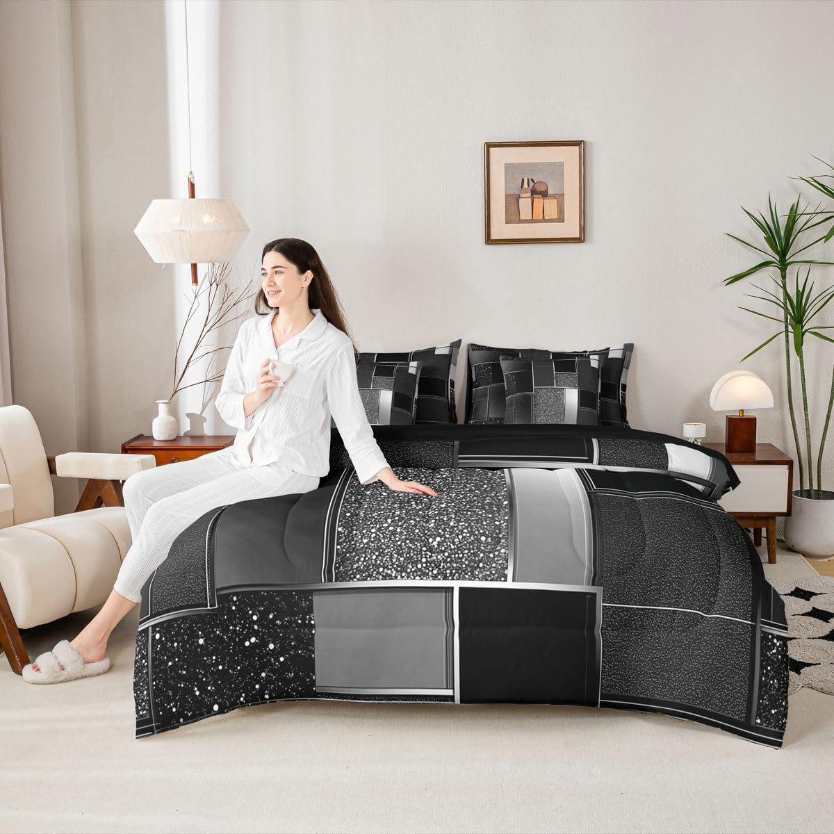Feelyou Geometric Black Comforter Set with Sheets 7 Piece Full Size Modern Abstract Bed in a Bag Kids Boys Girls Metallic Print Geometric Bedding Set Bedroom Decor Breathable