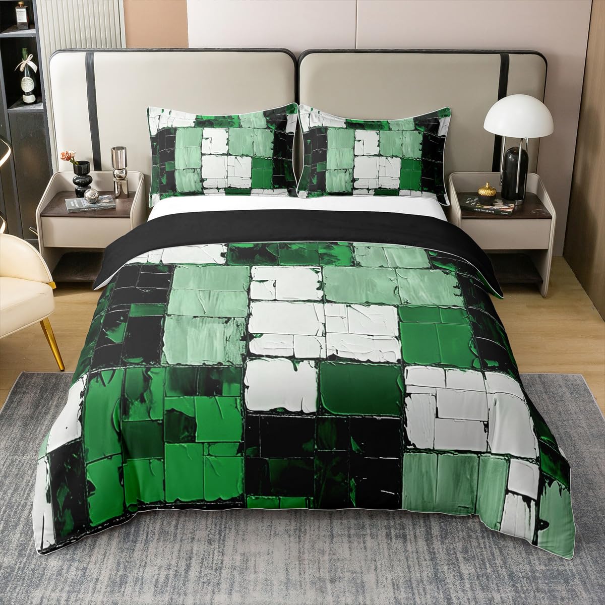 jejeloiu Green Black Abstract Duvet Cover 100% Cotton Geometric Minimalist Square Bedding Set Queen Size for Kids Boys Girls Modern Abstract Art Comforter Cover（No Comforter）