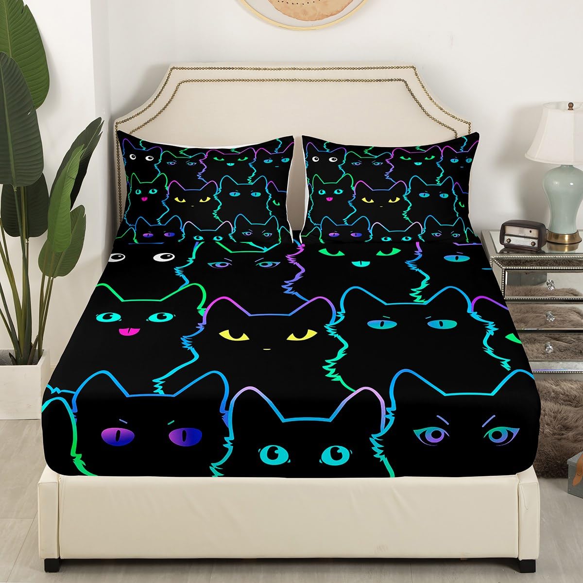 Erosebridal Cute Cartoon Cat Bed Sheets King Kawaii Cats Sheet Set Neon Gradient Animal Bedding Sheets for Kids Boys Girls Teen Lovely Kitten Fitted Sheet + Black Flat Sheet + 2 Pillow Cases