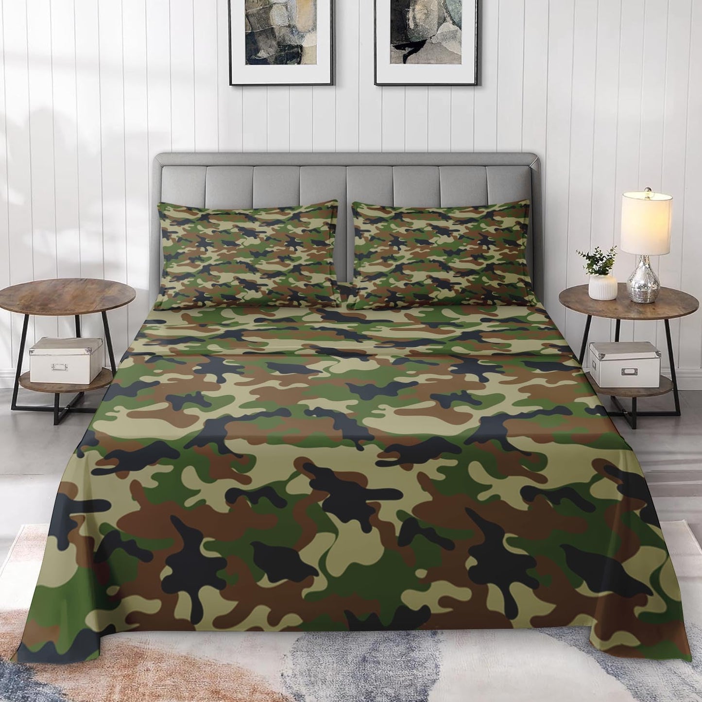 Pamnest Full Size Bed Sheet Sets, Camouflage Army Military Soft Microfiber 4 Pcs Bedding Sets for Kids and Adults Bedroom Bed Decor, Woodland Green Brown Camo Flat, Fitted Sheet and 2 Pillowcases