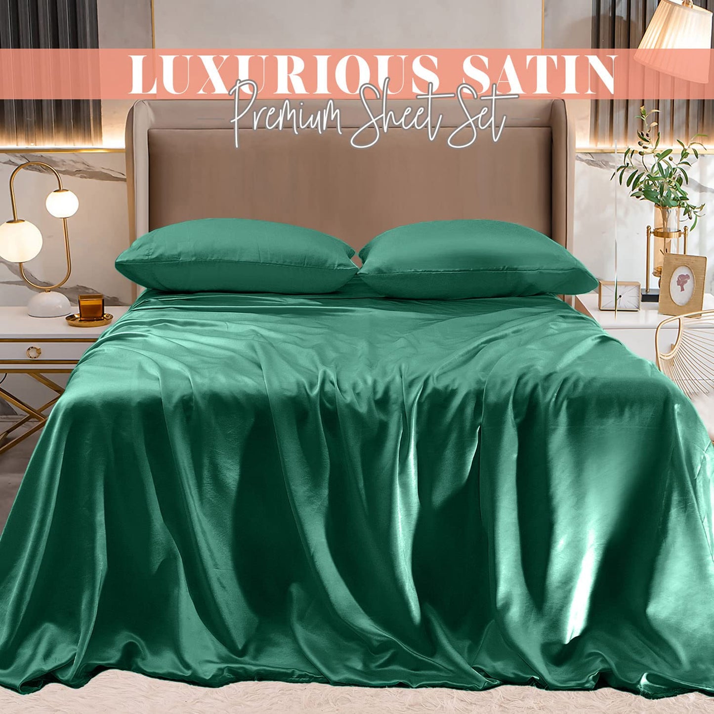Elegant Comfort Luxurious 4-Piece Silky Satin Sheet Set, Skin and Hair Friendly, Wrinkle, Fade, Stain Resistant with Deep Pockets Fitted Sheet, Cooling Soft Satin Sheet Set, Twin XL, Hunter Green