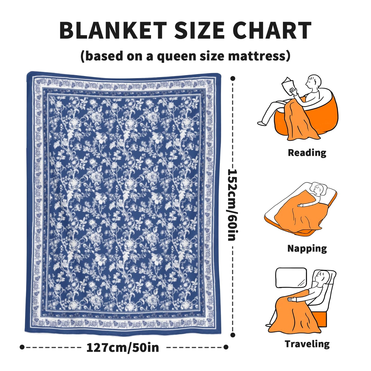 Blue White Floral Blanket for Bed, Couch, Soft Cozy Flannel Chinoiserie Throw Blanket Reversible Sofa Lightweight Breathable Rustic Stylish Home Decor Blanket Navy Blue 50 x 60 Inch