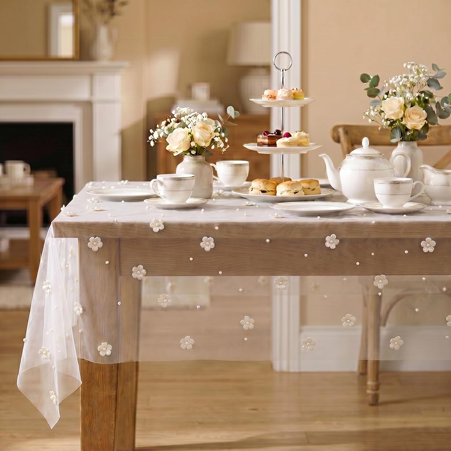 Horaldaily Beige Flower Pearl Beige Gauze Table Cloth 60×84 Inch Rectangular, Seasonal Sheer Tulle Cheesecloth, Bridal Shower Table Cover for Wedding Birthday Table Decor