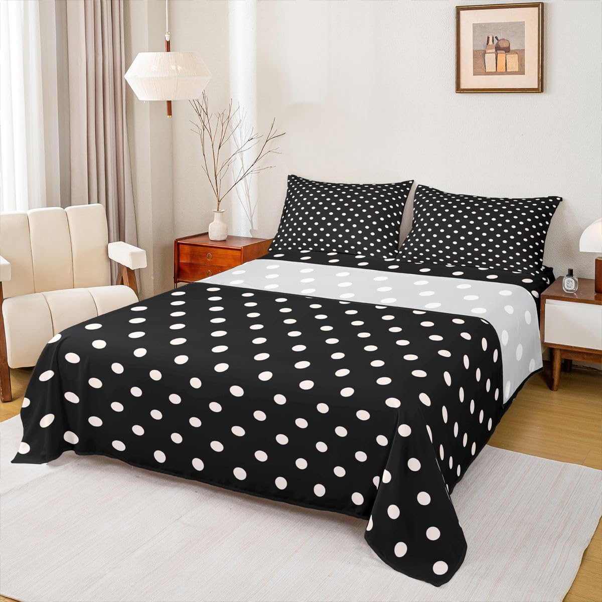 jejeloiu Black White Polka Dot Bed Sheets Set Full Size Retro Cute Polka Dot Bed Set Geometric Deep Pocket Fitted Sheet Luxury Breathable Soft Lightweight Microfiber
