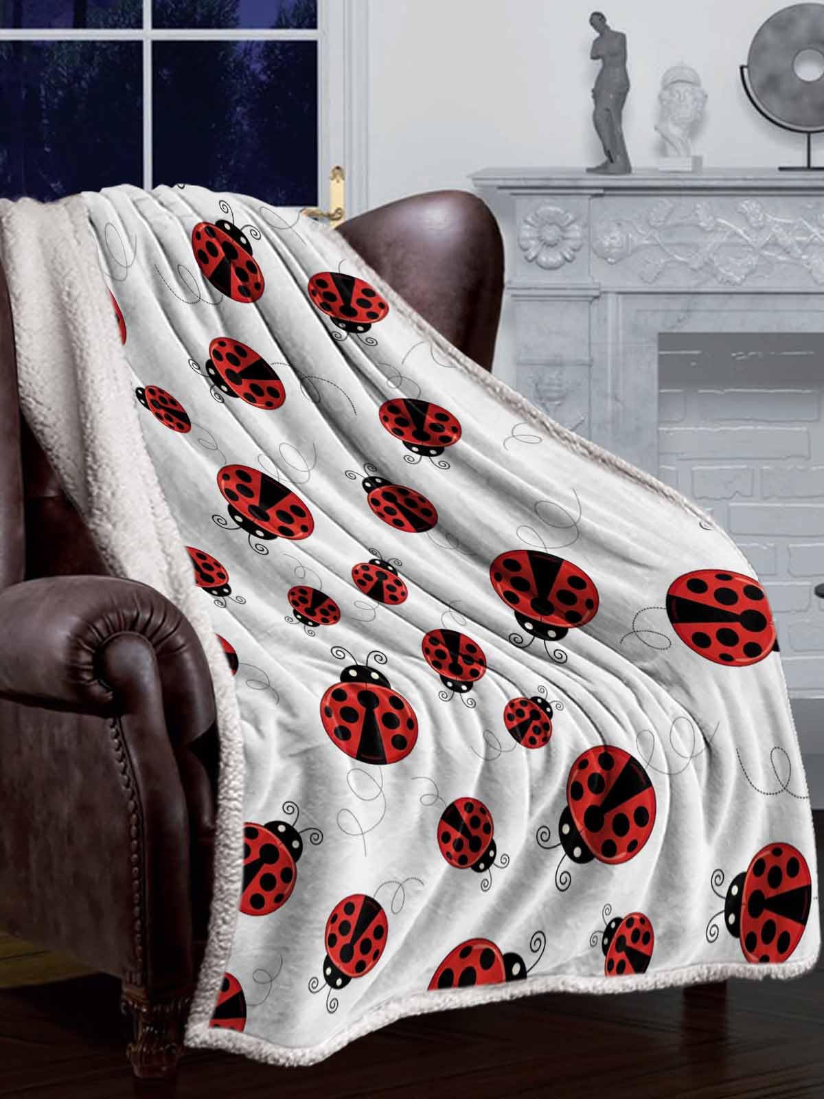Ladybug Sherpa Fleece Luxury Blanket - Warm & Cozy Super Soft Reversible Throw, 40"x50", Red Ladybug on White Background