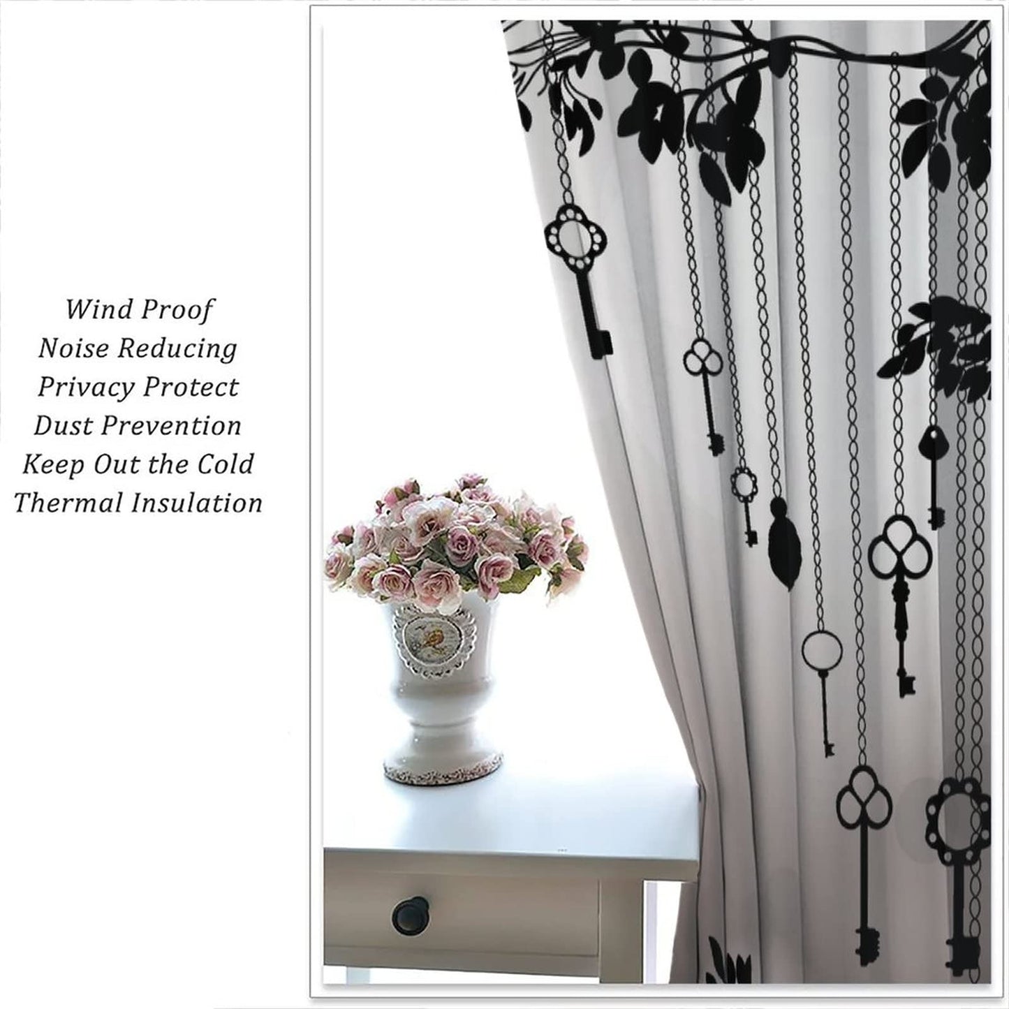 Gothic Crow Curtains, Black Birds Crow Decor Window Treatments for Living Room, Crow Black Dark Wings Thriller Curtain Drapes 2 Panels, 72x63 Inch