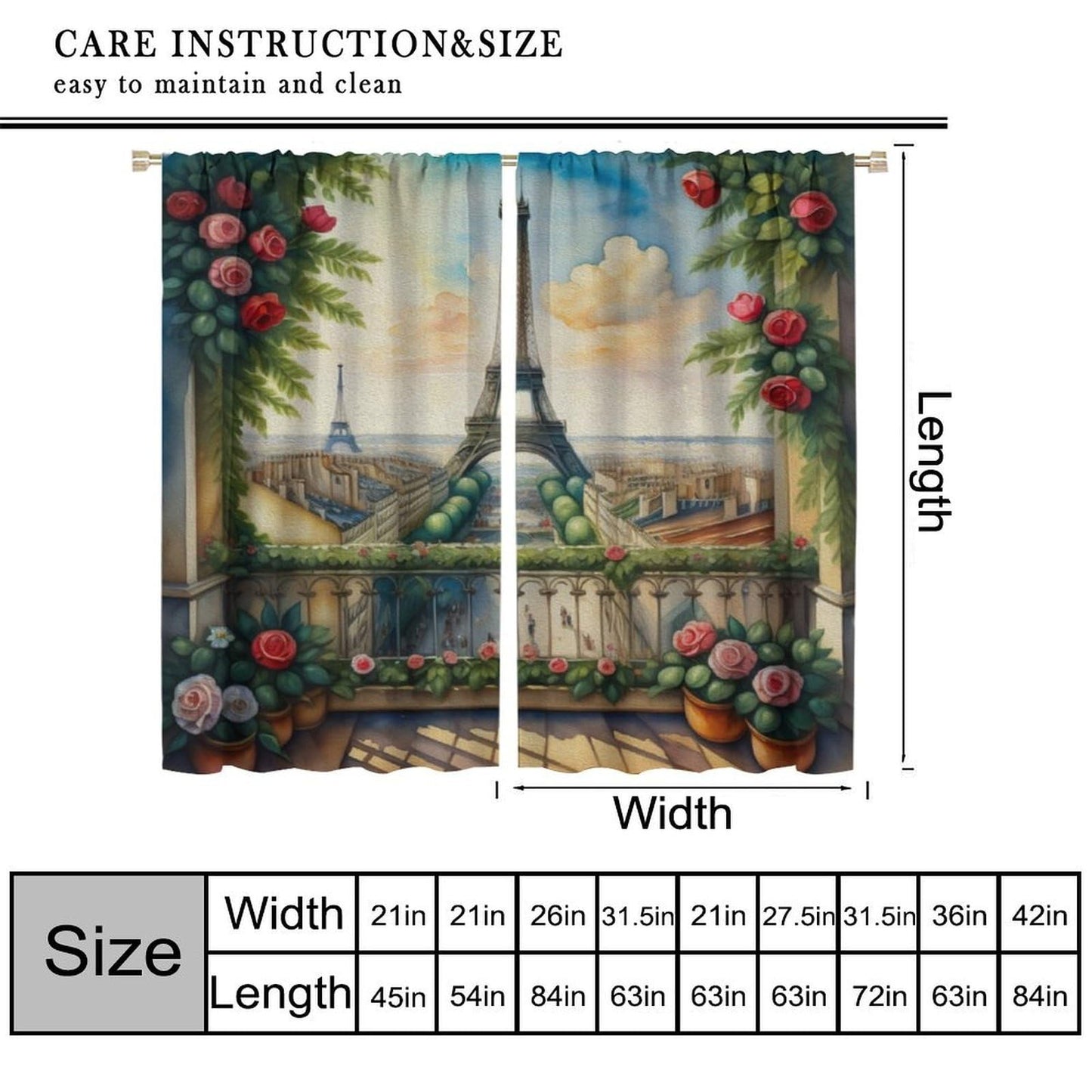 Wallira Paris Eiffel Tower Scene Curtains,Cityscape Rural Oil Painting Landscape Rose Decor Rod Pocket Window Treatments for Girl Women Aldult Bedroom Living Office Restaurant Drapes 41" W X 45" L