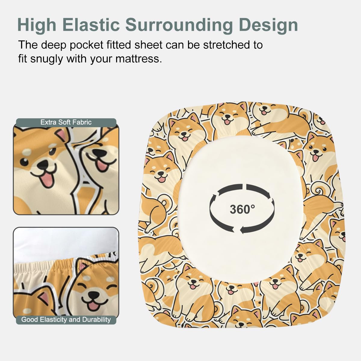ARIGHTEX Shiba Inu Fitted Sheet Set Twin Size, 3 Pieces Cute Dog Pattern Microfiber Bedding for Pet Lovers Bedroom Decor, Soft Breathable Deep Pocket Bed Sheet Set