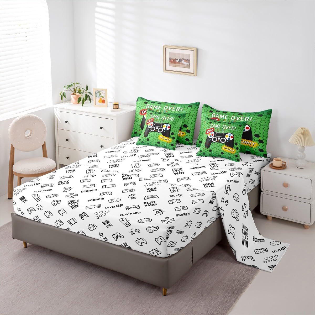 jejeloiu Gamer Comforter Set with Sheets 7 Piece Twin Size Gaming Bedding Set for Kids Boys Girls Game Room Decor Bed in a Bag Room Decor Soft Lightweight Microfiber